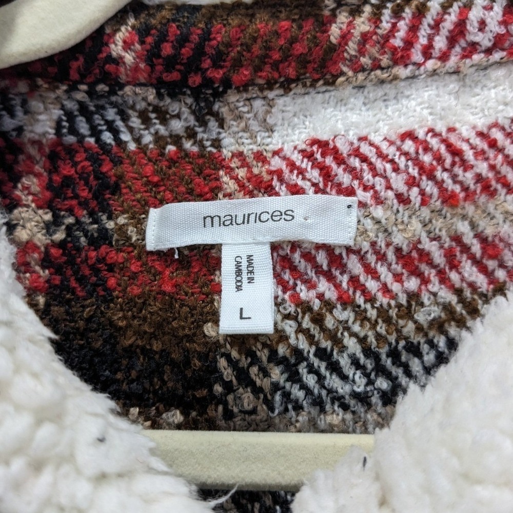 Maurices Plaid Flannel Long Shacket Jacket Pockets Sherpa Lagenlook Western L - Picture 2 of 13